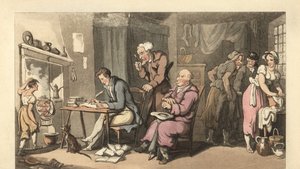 Angol úriember, koldulólevelet ír egy lepusztult szalonban alkotó: Thomas Rowlandson