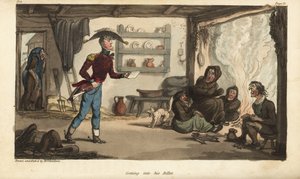 Johnny Newcome zászlós, aki megérkezik a Subalternter jegyéhez Portugáliába, egy koszos koldusok közé. Thomas Rowlandson által rajzolt és maratott, kézzel színezett rézmetszet, David Roberts ezredes The Military Adventures of Johnny Newcome, Martin, Lo cím alkotó: Thomas Rowlandson