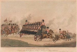 „Katonai légy expedíciója” (akvatinta, színes) alkotó: Thomas Rowlandson