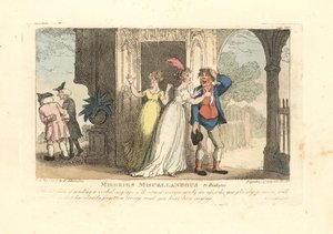 Divatos nő verbális üzenetet küld egy bolondon keresztül alkotó: Thomas Rowlandson