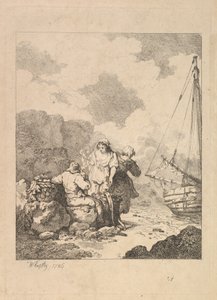 Halászok a parton – Tengerparti jelenet egy sziklákon ülő és pipázó férfival, Nex..., 1786. alkotó: Thomas Rowlandson