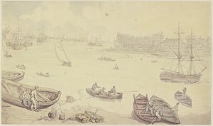 Folyó, amelyen sok hajó közlekedik, és amelynek partján egy hajógyár található alkotó: Thomas Rowlandson