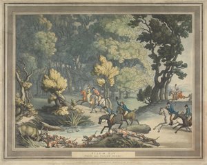 Róka-vadászat [négyrészes sorozat]:  2.  Sarkba szorított szarvas. / Jelenet Taplow (Berks) közelében alkotó: Thomas Rowlandson
