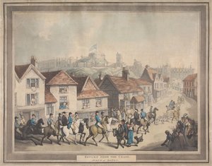 Róka-vadászat [négyrészes sorozat]:  4. Visszatérés a vadászatból. / Jelenet Eatonban alkotó: Thomas Rowlandson