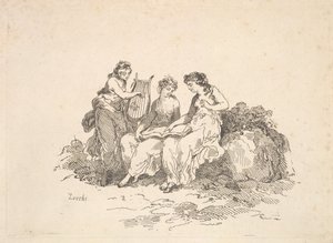 Harmónia – Két nimfa énekel, egy másik lírát játszik, 1784-88. alkotó: Thomas Rowlandson