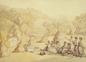Kukoricatáblán pihenő betakarítógépek, 1805–1810 körül (toll és tinta mosással papíron) alkotó: Thomas Rowlandson