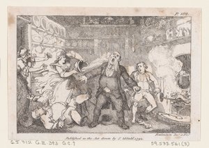 A háziasszony egy serpenyőben vért bocsát Parson Andrews arcába, A... kalandjaiból, 1792-ből. alkotó: Thomas Rowlandson
