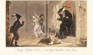 James Gordon, a hírhedt cambridge-i részeg, aki egy csecsemőt hagy maga után egy főiskolai dékán háza előtt. Jemmy Gordon Frolicja, avagy Cambridge Gambols a Peter House-ban. Kézzel színezett rézlemez, amelyet Thomas Rowlandson rajzolt és vésett Az angol k alkotó: Thomas Rowlandson
