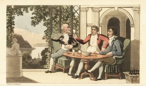 Johnny és barátai isznak és énekelnek a Temzére néző teraszon. Thomas Rowlandson kézi színű rézmetszete William Combe The History of Johnny Quae Genus című művéből, a néhai doktor szintaxis kis alapítója. alkotó: Thomas Rowlandson