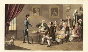 Johnny és hitelezői. A szegény urak egy szobanyi kereskedővel és boltossal néznek szembe, akik adósságai visszafizetését követelik. Thomas Rowlandson kézi színű rézmetszete William Combe The History of Johnny Quae nemzetségből, a kis alapításból alkotó: Thomas Rowlandson