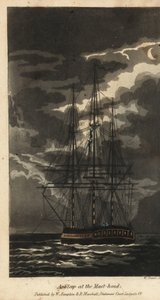 Johnny az árboc fejénél alszik. Két tengerész felmászik a kötélzetre, hogy felébressze. Kézi színű rézmetszet, W. Read Thomas Rowlandson illusztrációja után Alfred Burton: Johnny Newcombe kalandjai a haditengerészetben, Simpkin, London alkotó: Thomas Rowlandson