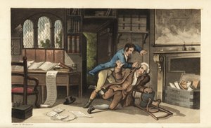 Johnny megtámadta Gripe ügyvédet – mindezt az irodájában, miután 100 fontot csaltak tőle. Thomas Rowlandson kézi színű rézmetszete William Combe The History of Johnny Quae Genus című művéből, a néhai doktor szintaxis kis alapítója. alkotó: Thomas Rowlandson
