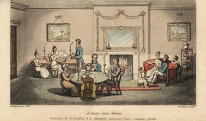 Johnny Mariának udvarol egy szalonban, míg mások kártyáznak és dalokat énekelnek a kandalló előtt. Kézi színű rézmetszet, W. Read Thomas Rowlandson illusztrációja után Alfred Burton: Johnny Newcombe kalandjai a haditengerészetben, Si alkotó: Thomas Rowlandson