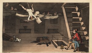 Johnny kiesik a függőágyából a kabinjában. Kézi színű rézmetszet, W. Read Thomas Rowlandson illusztrációja után Alfred Burton: Johnny Newcombe kalandjai a haditengerészetben, Simpkin, London alkotó: Thomas Rowlandson