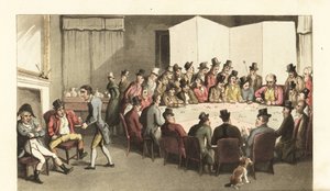 Johnny egy úriember klubjában szolgál, borral szolgálja fel a tagokat, míg mások kártyajátékokon játszanak egy nagy játékasztalnál. Thomas Rowlandson kézi színű rézmetszete William Combe The History of Johnny Quae Genus, the Little Foundling című művéből alkotó: Thomas Rowlandson