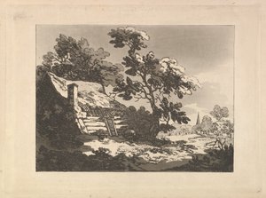 Tájkép, bal oldalon egy fák között álló kunyhóval, jobb oldalon pedig egy távoli templomtoronnyal alkotó: Thomas Rowlandson