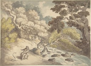 Tájkép egy sebesen folyó patakkal és a parton álló párral, akiket megijesztett egy kígyó alkotó: Thomas Rowlandson