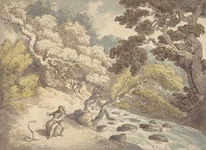 Táj hömpölygő patakkal és pár a parton, kígyótól megijedve, 1775-1827. alkotó: Thomas Rowlandson