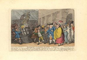 Férfi és hölgyek hintót keresnek a tömegben az esőben. alkotó: Thomas Rowlandson