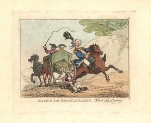 Férfi elveszti uralmát a hegye felett, miközben elhaladt egy hintó mellett. alkotó: Thomas Rowlandson