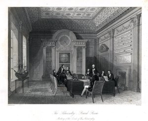 Az Admiralitás urainak találkozója a tanácsteremben, Admiralitás. Henry Melville acélmetszete Thomas Rowlandson illusztrációja után a London Interiors, Their Costumes and Ceremonies, Joshua Mead, Londonból alkotó: Thomas Rowlandson