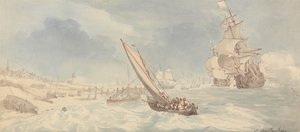 Háborús hajók és vitorlások a part közelében alkotó: Thomas Rowlandson