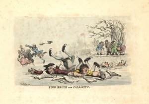 Férfiak és nők korcsolyáznak vékony jégen, és beleesnek egy fagyos riába alkotó: Thomas Rowlandson