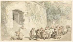 Szerzetesek kint étkeznek (recto); Village Street (verso) alkotó: Thomas Rowlandson