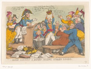 Napóleon lopott holmikat ad el, 1813 Színlelt árverés vagy lopott árut árusító Boney (cím a tárgyon) alkotó: Thomas Rowlandson