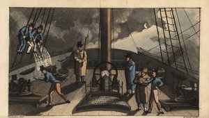Haditengerészeti áthaladás szertartása, Dogfish Bark: Johnnyt a fedélzetre küldik, hogy hallgassa a kutyahal kérgését, de a kötélzetben lévő tengerészek vödör vízzel áztatják. W. Read kézi színű rézmetszet Thomas Rowlandson illusztrációja után alkotó: Thomas Rowlandson