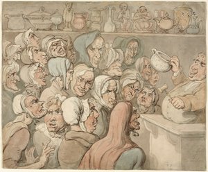Öreglányok érdekességek kiárusításán. alkotó: Thomas Rowlandson