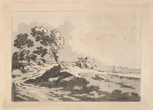 Nyílt táj három lovassal a középtávon jobbra haladva, Windblo..., 1784-88. alkotó: Thomas Rowlandson