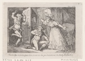 Partridge megzavarja Tom Jonest a Lady Bellastonnak szóló tiltakozásában, a The History o...-ból, 1792. alkotó: Thomas Rowlandson