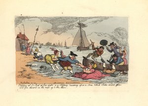 Az utasok megcsúsznak és beleesnek a folyó iszapjába. alkotó: Thomas Rowlandson