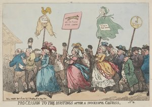 Sikeres választási kampányt követő felvonulás a választási emelvényhez alkotó: Thomas Rowlandson