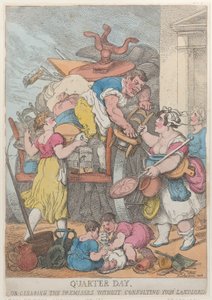Quarter Day, avagy a lakás kiürítése a bérbeadóval való egyeztetés nélkül alkotó: Thomas Rowlandson