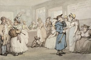 Szolgák felvételének nyilvántartó hivatala, 1805 körül (toll és tinta akvarellel papíron) alkotó: Thomas Rowlandson