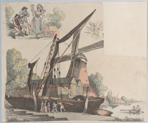 Folyói jelenet szélmalommal a 9. tábláról, Alakrajzok, tájak és C..., 1791. január 20. alkotó: Thomas Rowlandson