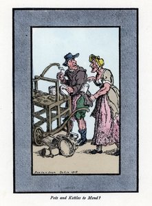 Barangolás és ügyfél-retamer egy edény alját mutatja. Kalapáccsal egy fém fazékba üt egy hordozható padon. Thomas Rowlandson (1756-1827) festménye alapján készült fametszet, a londoni válságban megjelent: hat bájos gyerekkel és közel 40 i-vel alkotó: Thomas Rowlandson
