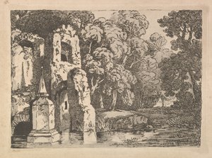 Medence melletti romok erdős tájon, 1783-84. alkotó: Thomas Rowlandson