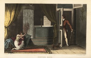 Zuhanyfürdő: nők, akik hideg zuhanyt vesznek a fürdőszobában, elrejtik szerénységüket egy férfi betolakodó elől alkotó: Thomas Rowlandson