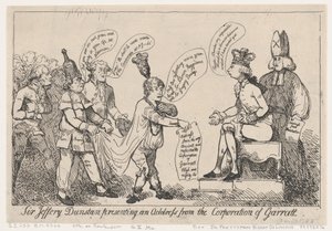 Sir Jeffery Dunstan felolvassa a Garratt Városi Tanács üzenetét alkotó: Thomas Rowlandson