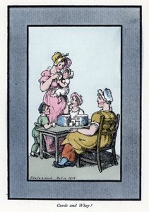 A fürjtejet és tejet árusító ülő nőnek anyja és gyermekei vannak (1819). Fametszet Thomas Rowlandson (1756-1827) festménye alapján, a londoni válságban megjelent: hat bájos gyerekkel és közel 40 illusztrációval, Andrew Tuer, Field alkotó: Thomas Rowlandson