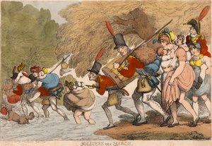 Katonák egy menetben: "Pakolja össze a rongyait és kövesse a dobot" alkotó: Thomas Rowlandson