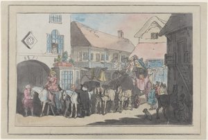 Színpadi edző és lovasok egy fogadó udvarán, indulásra készülődve, 1789-95., 1789-95. alkotó: Thomas Rowlandson