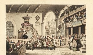 Vasárnapi istentisztelet egy vidéki templomban, Regency Era alkotó: Thomas Rowlandson