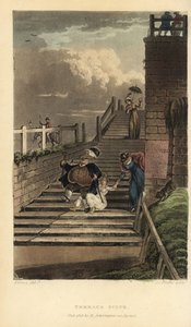 Terrace Steps: a turisták lezuhannak a Cliff Terrace lépcsőin. Kézzel színezett rézmetszet Thomas Rowlandsontól, akvatinta J. C. Stadlertől, J. Green vázlata a Poetical Sketches of Scarborough, Ackermann, Londonból alkotó: Thomas Rowlandson