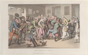 Érkezés Párizsba, a Journal of Sentimental Travels in the Southern Provinces of Fr..., 1820-ból. alkotó: Thomas Rowlandson