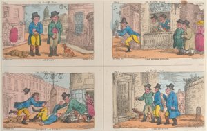 A végrehajtó vadászata: hibás, A második szökés, Dupla és guggolás és A lefoglalás, 1809., 1809. alkotó: Thomas Rowlandson