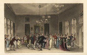 A bálterem: divatos turisták táncolnak a Scarborough-i üléstermekben. Minden úriember, aki táncol, 2-t fizet, és minden hölgy, aki teát iszik, 1-et. Thomas Rowlandson kézi színű rézmetszete J. Green vázlata után a Poetical Sketchesből alkotó: Thomas Rowlandson